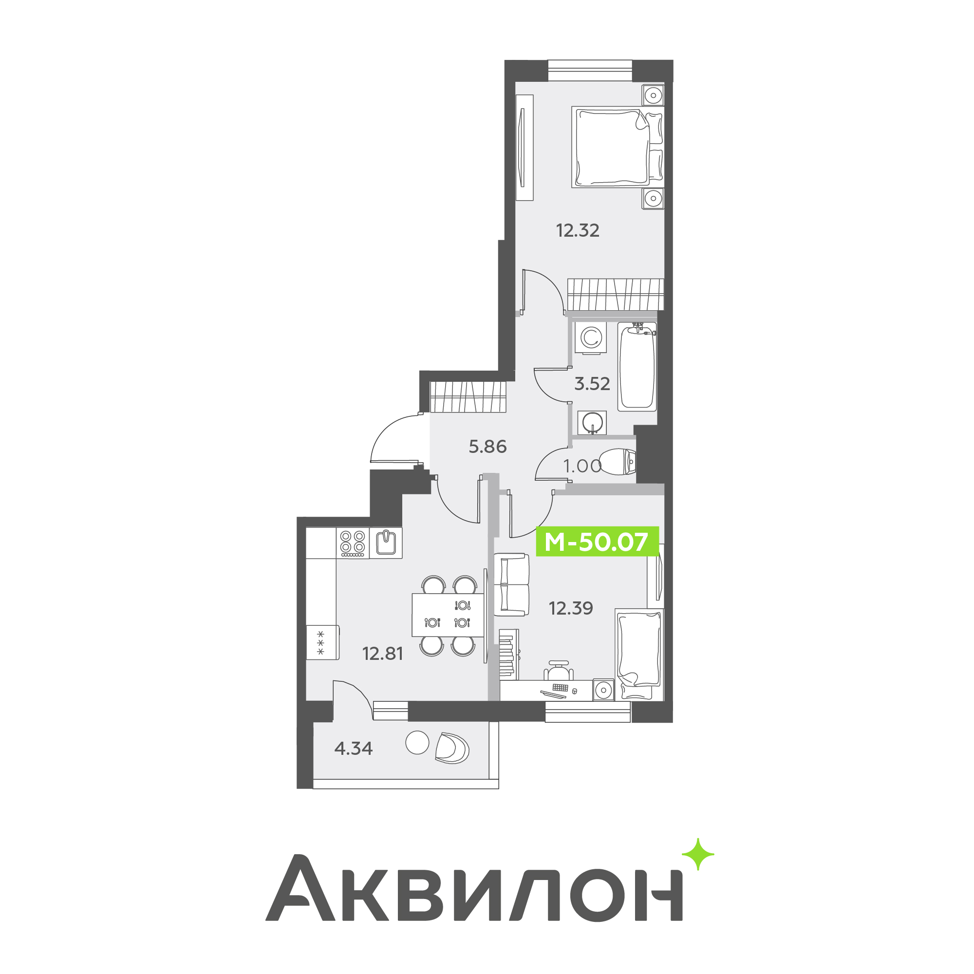 2 комн. квартира, 50.1 м², 9 этаж 