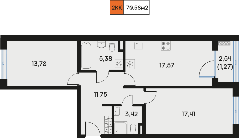 2 комн. квартира, 69.4 м², 3 этаж  (из 9)