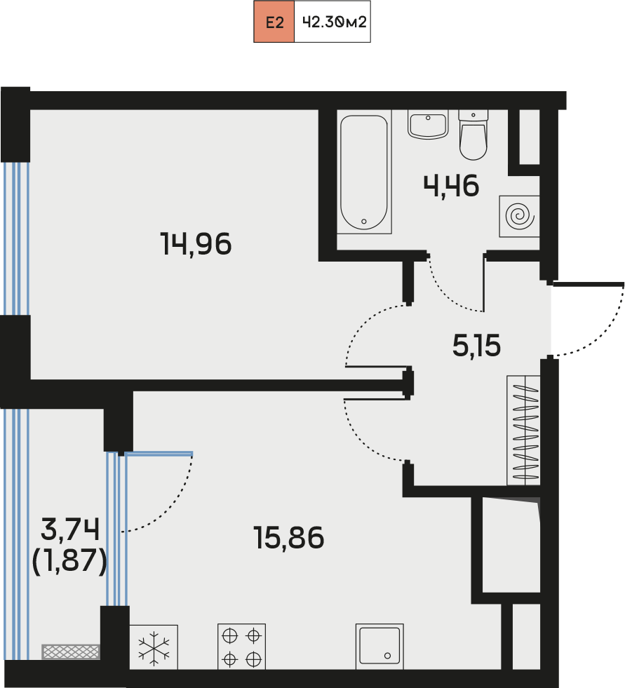 1 комн. квартира, 40.8 м², 3 этаж  (из 9)