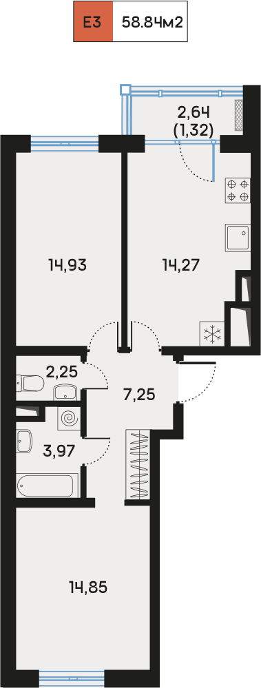2 комн. квартира, 58.8 м², 4 этаж  (из 9)