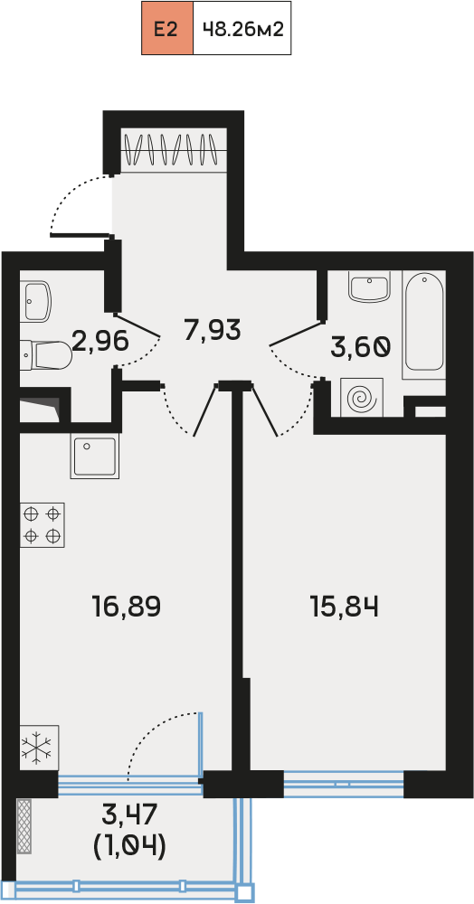 1 комн. квартира, 48.2 м², 5 этаж  (из 9)