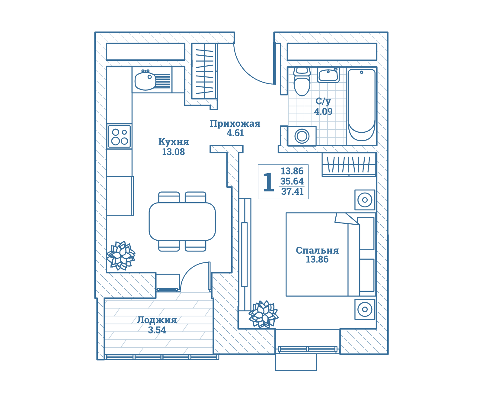 1 комн. квартира, 37.3 м², 5 этаж 