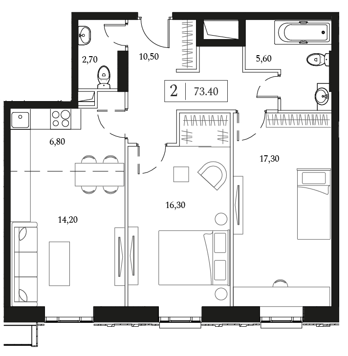 2 комн. квартира, 73.4 м², 3 этаж 