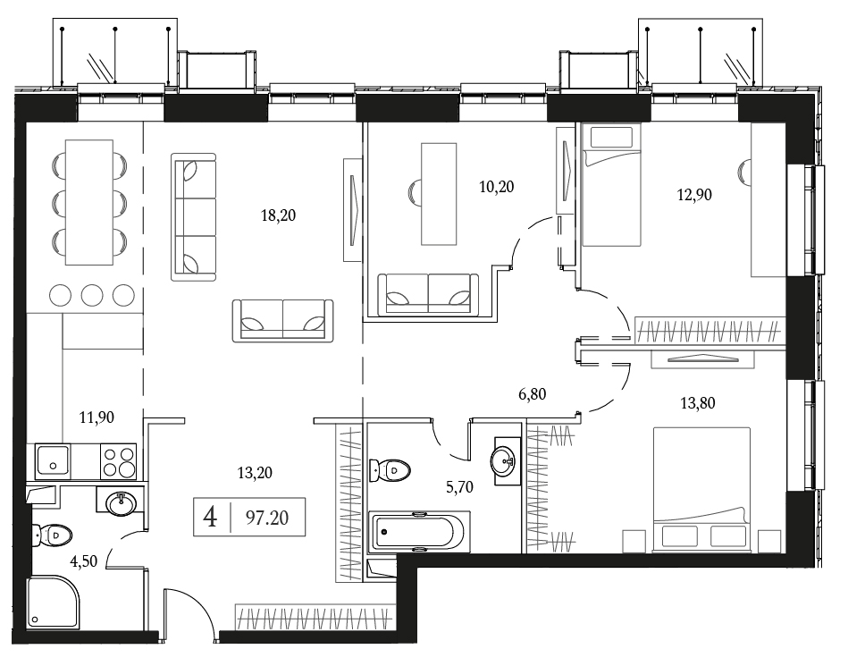 3 комн. квартира, 97.2 м², 2 этаж 