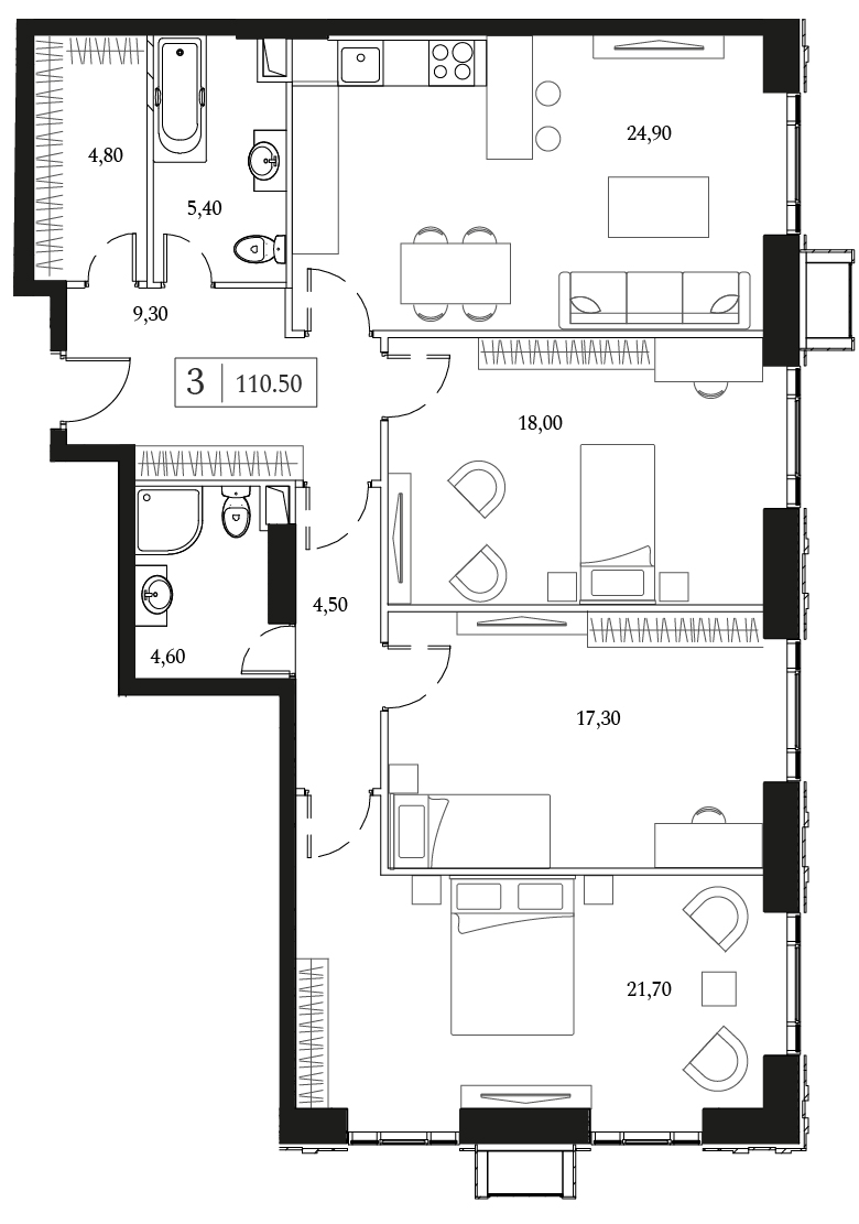 3 комн. квартира, 110.5 м², 3 этаж 