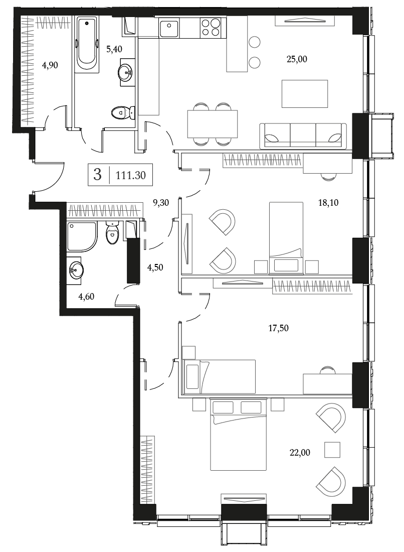 3 комн. квартира, 111.3 м², 4 этаж 