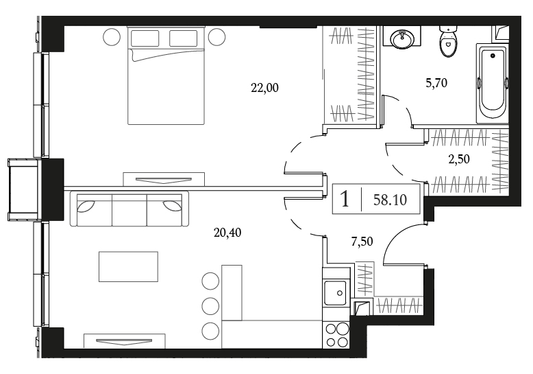 1 комн. квартира, 58.2 м², 7 этаж 