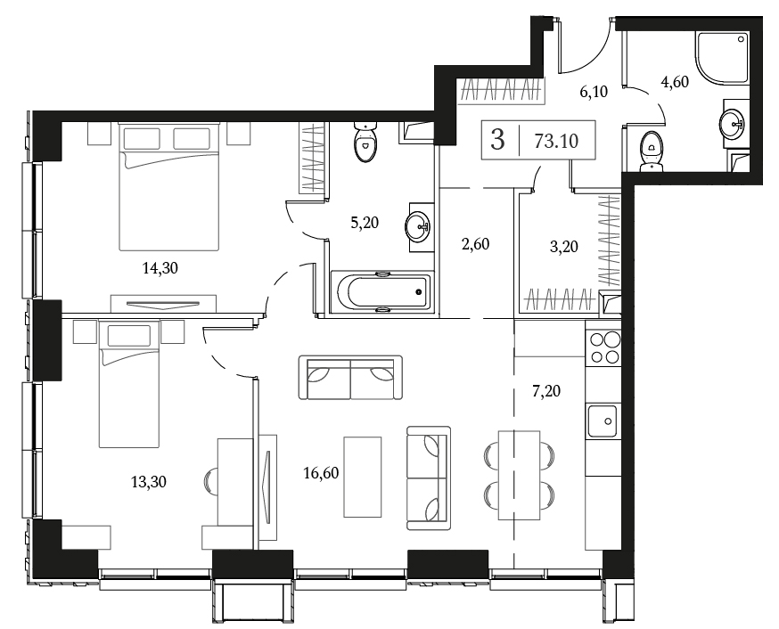 2 комн. квартира, 73.2 м², 5 этаж 