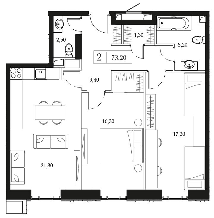 2 комн. квартира, 73.2 м², 3 этаж 