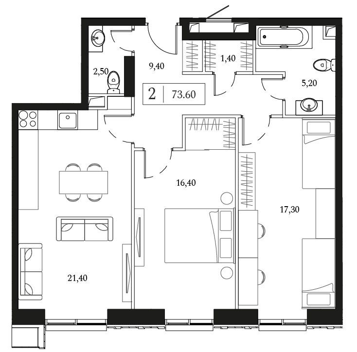 2 комн. квартира, 73.5 м², 16 этаж 
