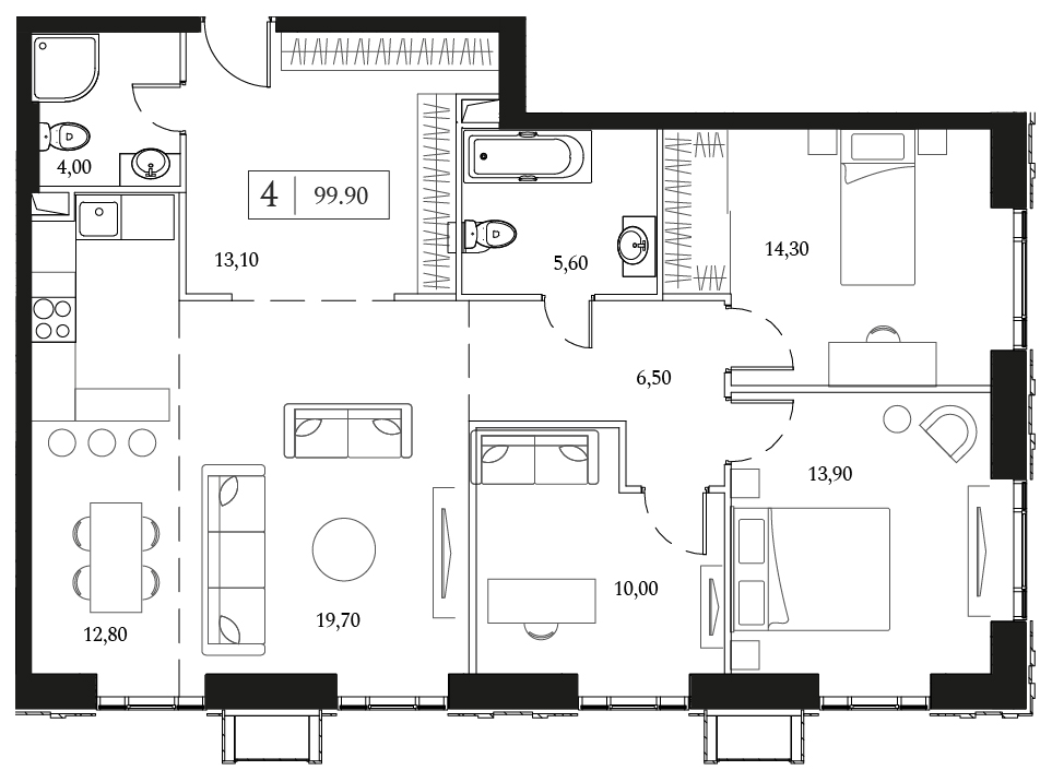 3 комн. квартира, 99.9 м², 3 этаж 