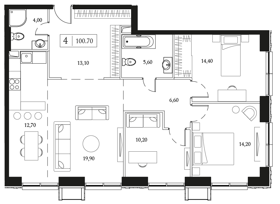 3 комн. квартира, 100.8 м², 14 этаж 
