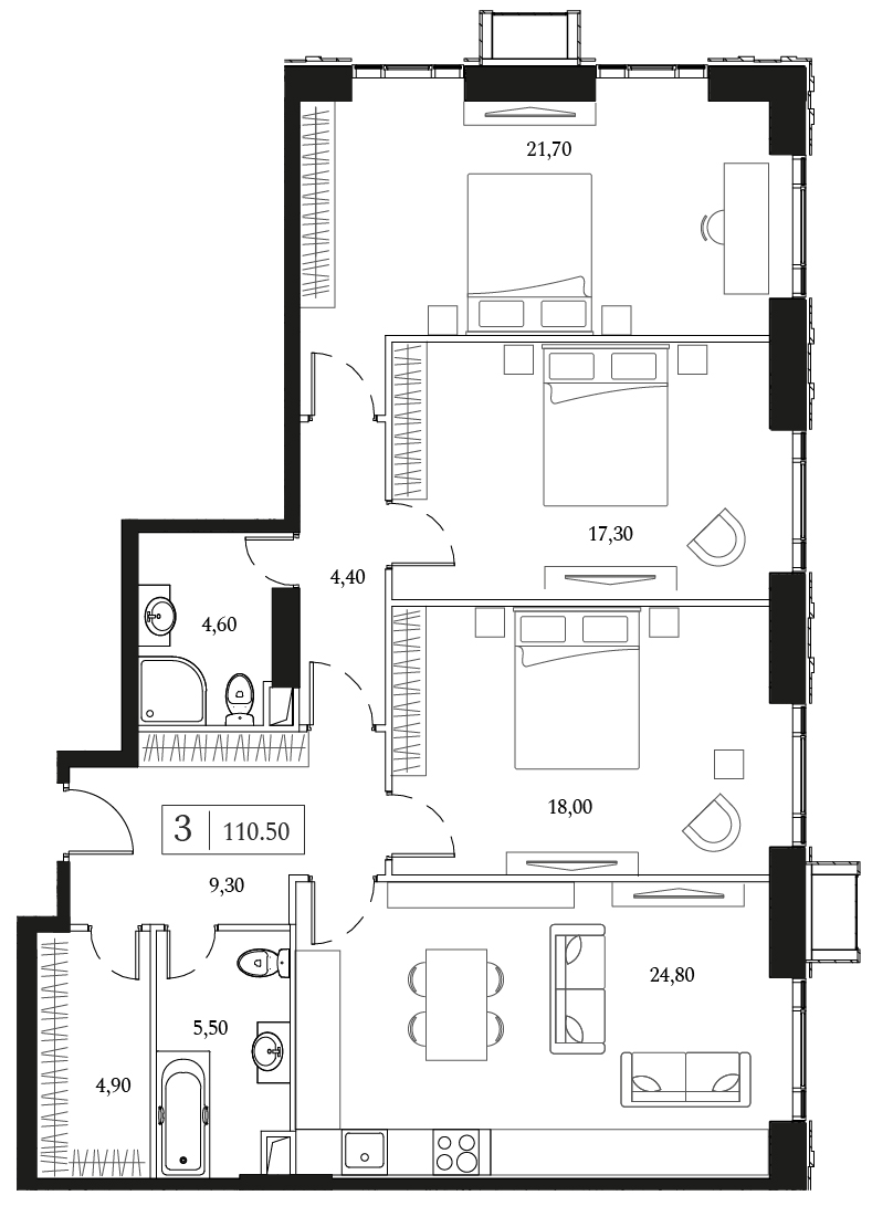 3 комн. квартира, 110.5 м², 3 этаж 