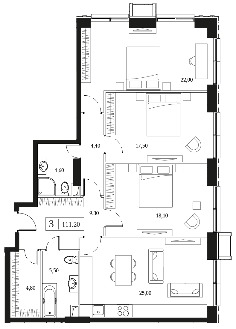 3 комн. квартира, 111.3 м², 5 этаж 