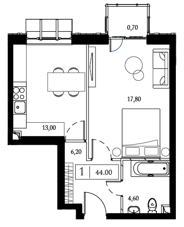 1 комн. квартира, 42.4 м², 4 этаж 