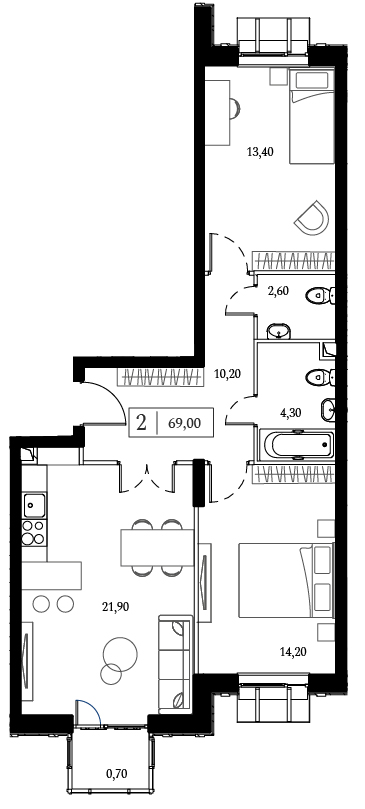 2 комн. квартира, 67.3 м², 4 этаж 