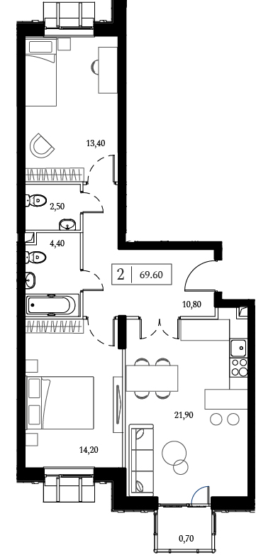 2 комн. квартира, 68.1 м², 4 этаж 