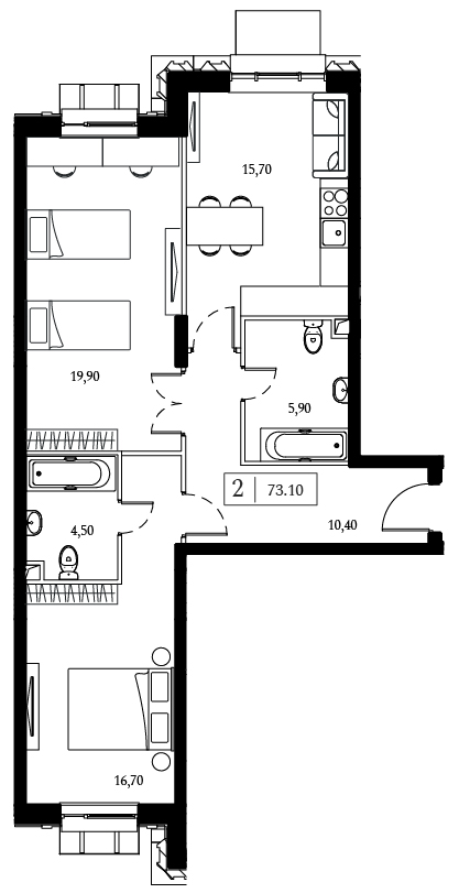 2 комн. квартира, 73.1 м², 6 этаж 