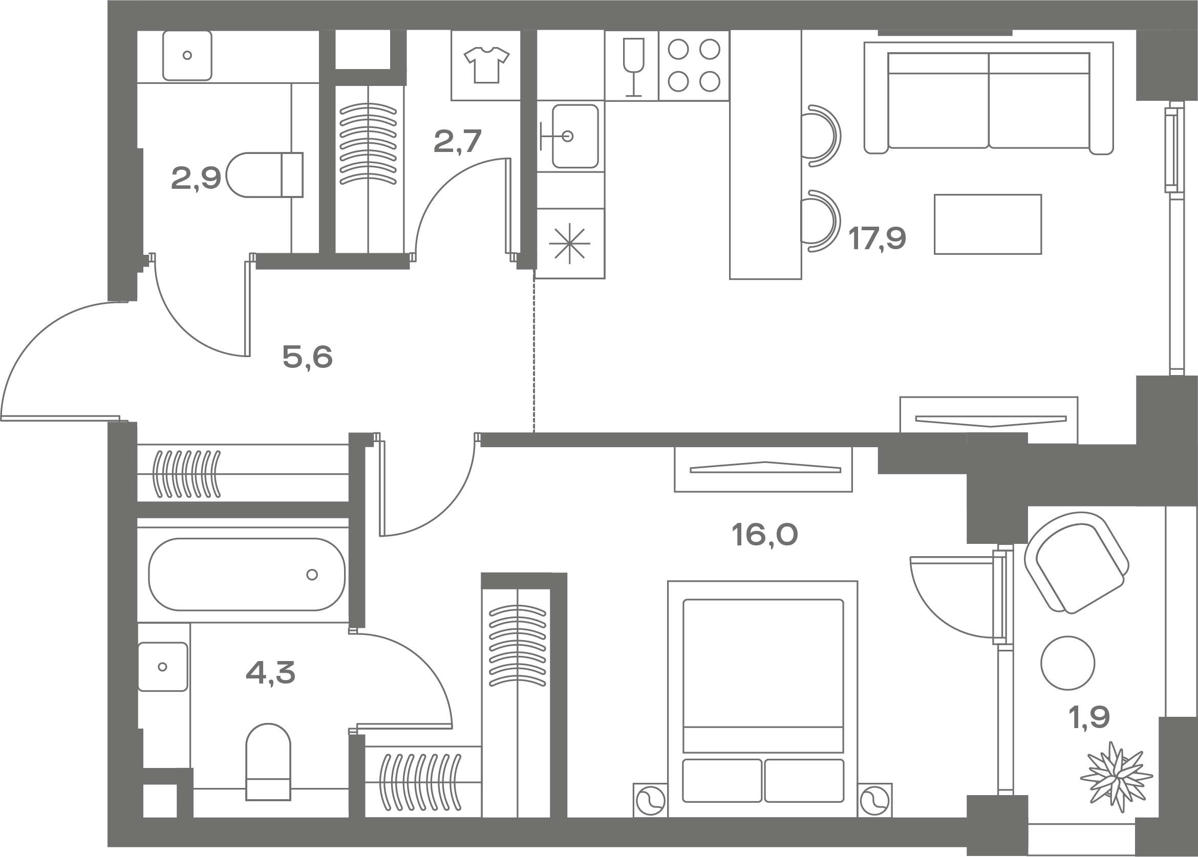 1 комн. квартира, 51.3 м², 3 этаж 