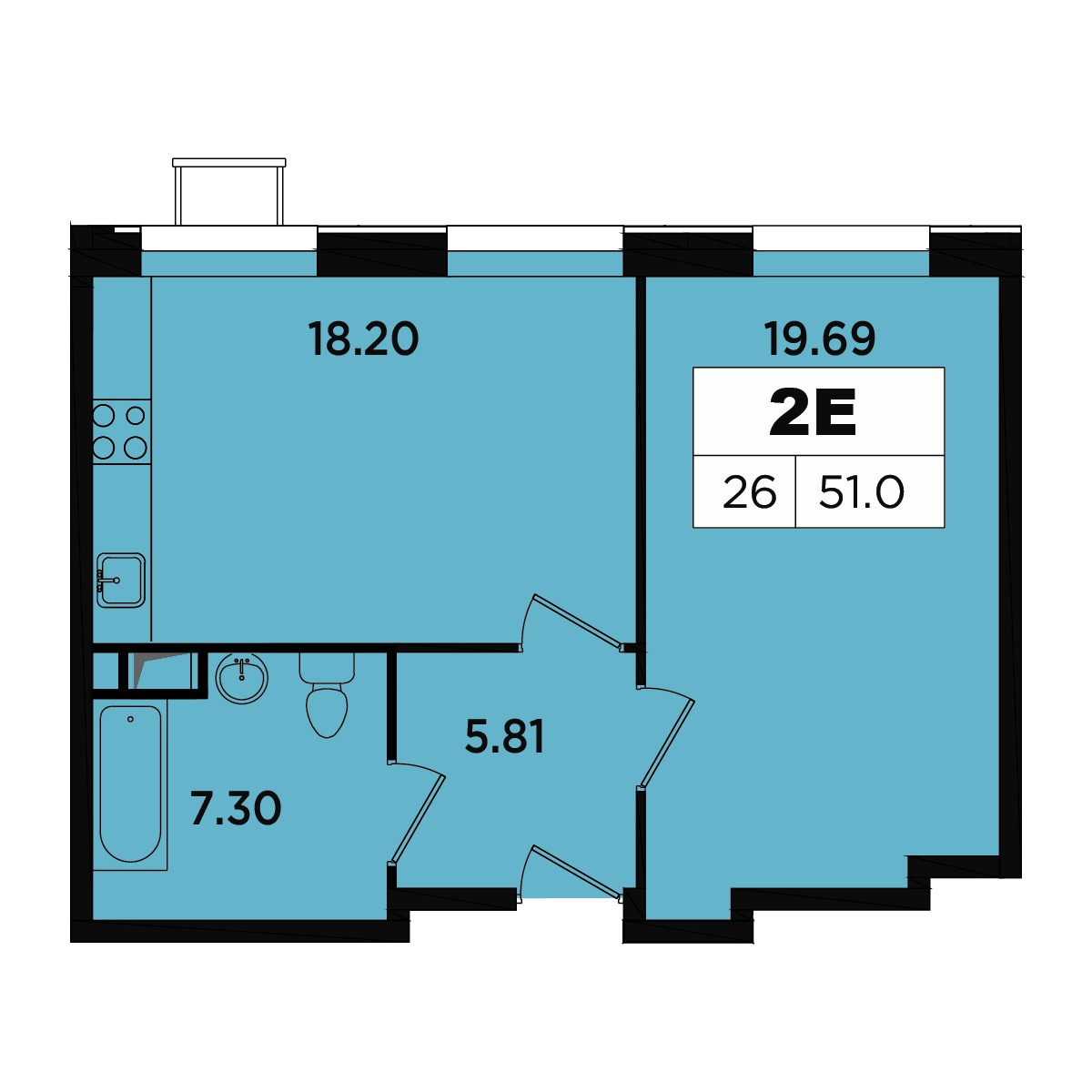 2 комн. квартира, 47.6 м², 3 этаж 