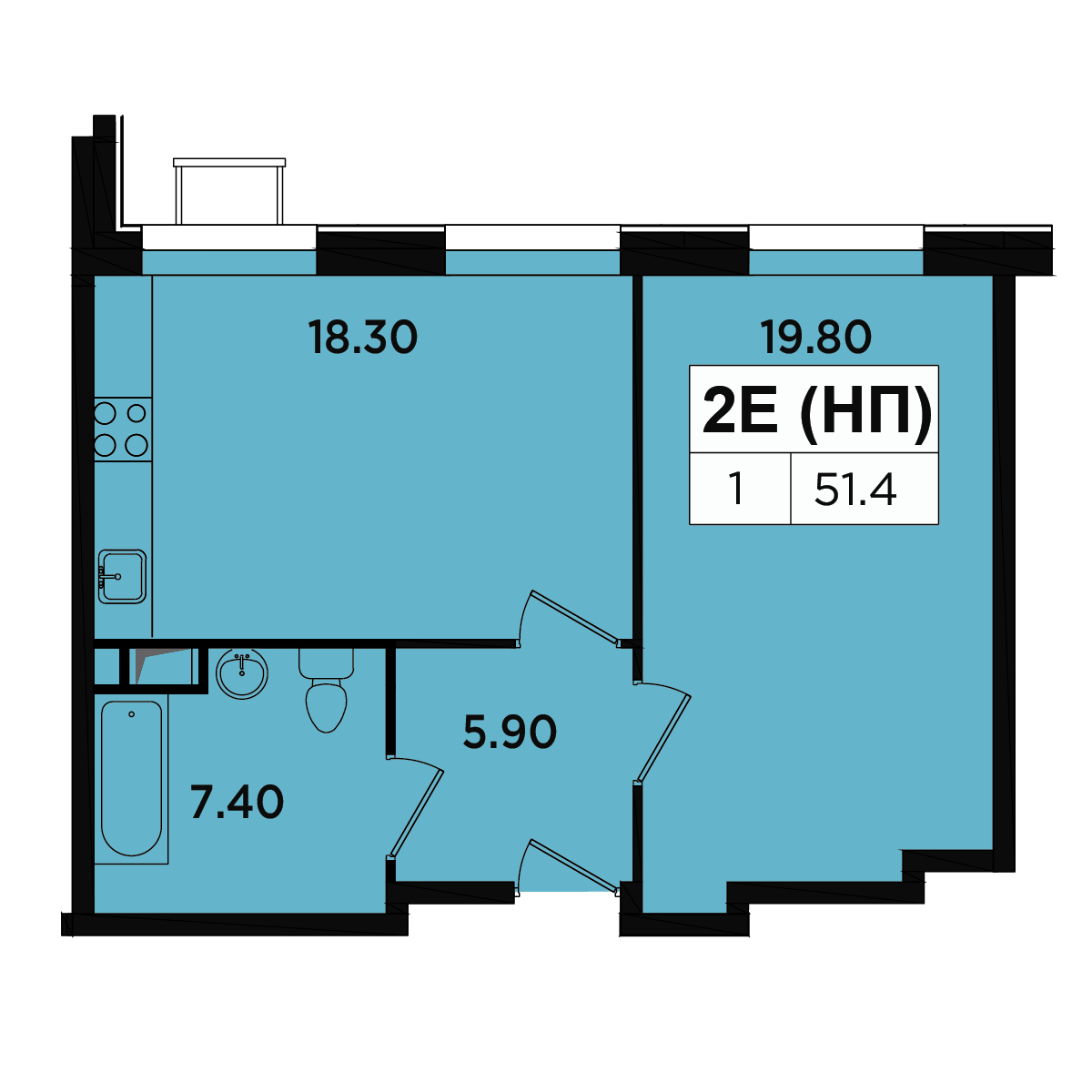 2 комн. квартира, 48.2 м², 2 этаж 