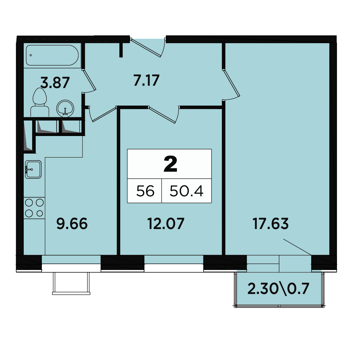 2 комн. квартира, 47.9 м², 4 этаж 