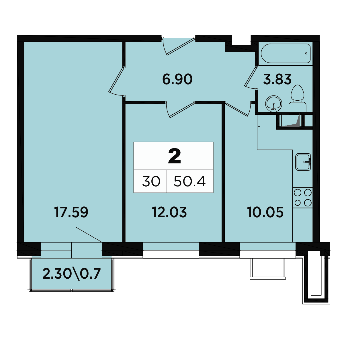 2 комн. квартира, 48.2 м², 3 этаж 