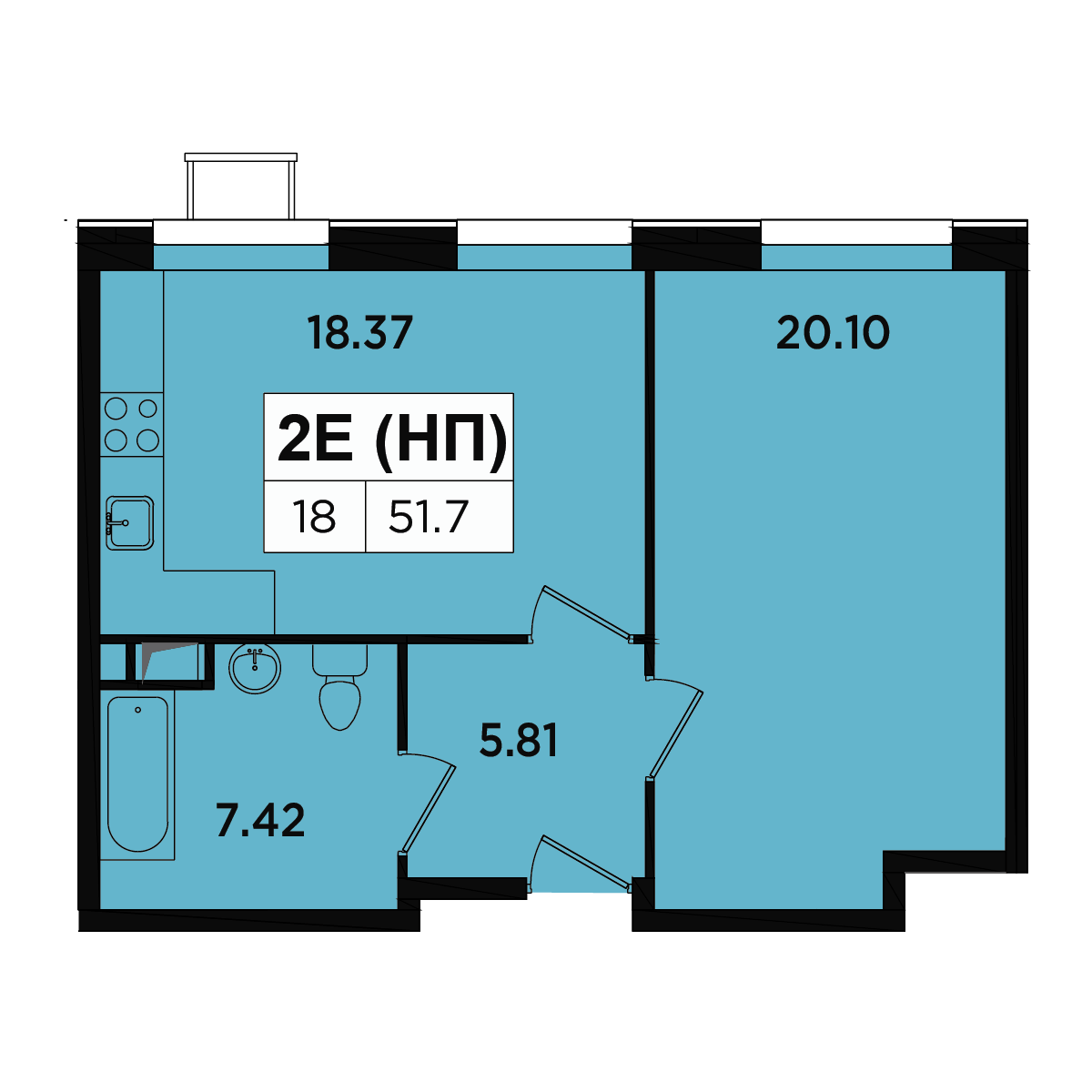 2 комн. квартира, 48.6 м², 2 этаж 