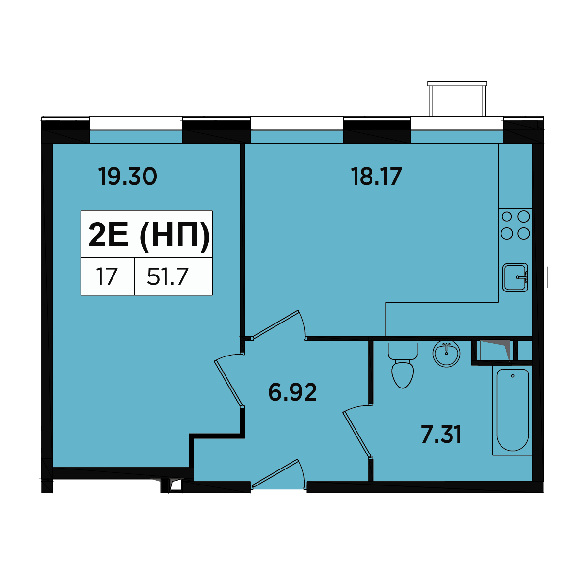 2 комн. квартира, 49.2 м², 2 этаж 