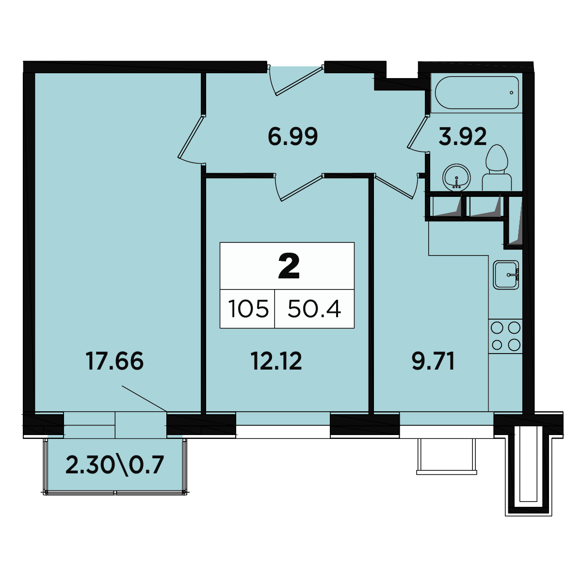 2 комн. квартира, 48.1 м², 6 этаж 