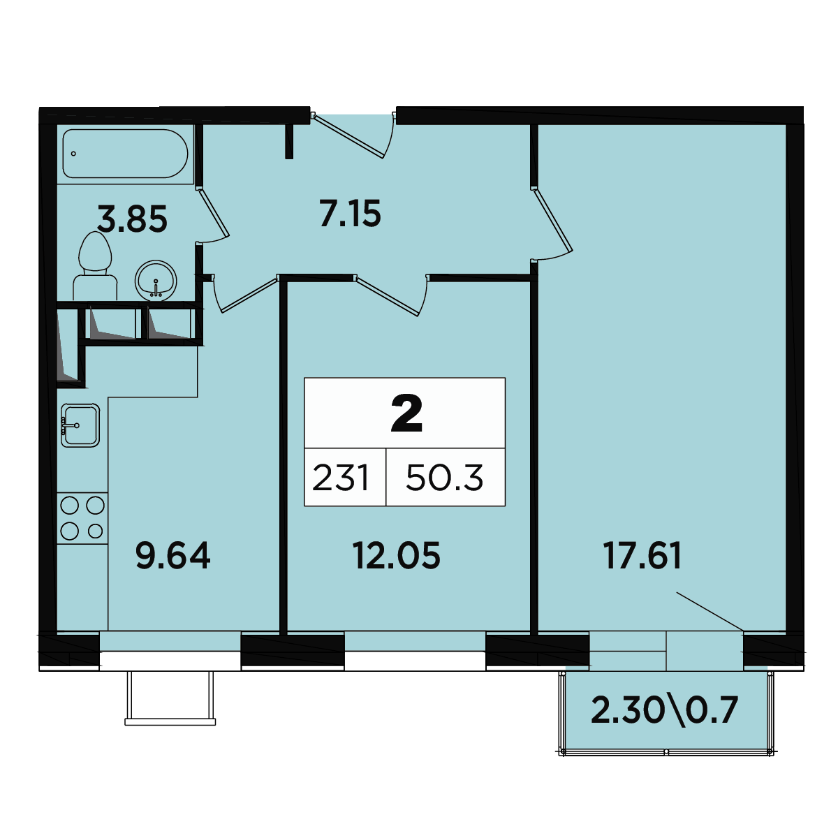 2 комн. квартира, 48.2 м², 11 этаж 