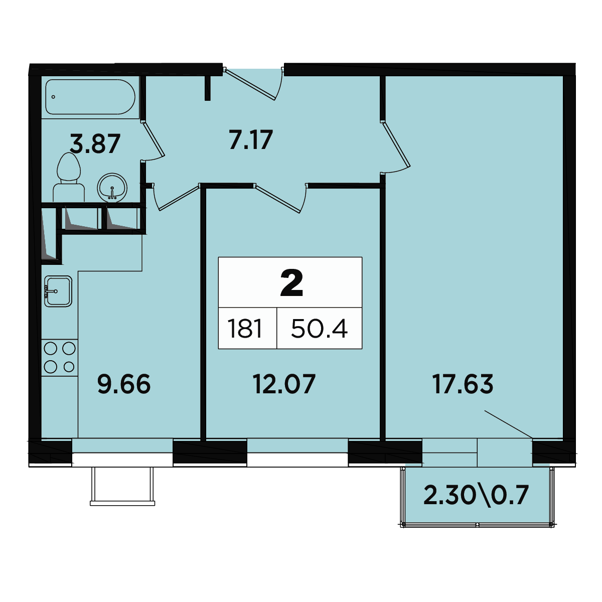 2 комн. квартира, 48.4 м², 9 этаж 