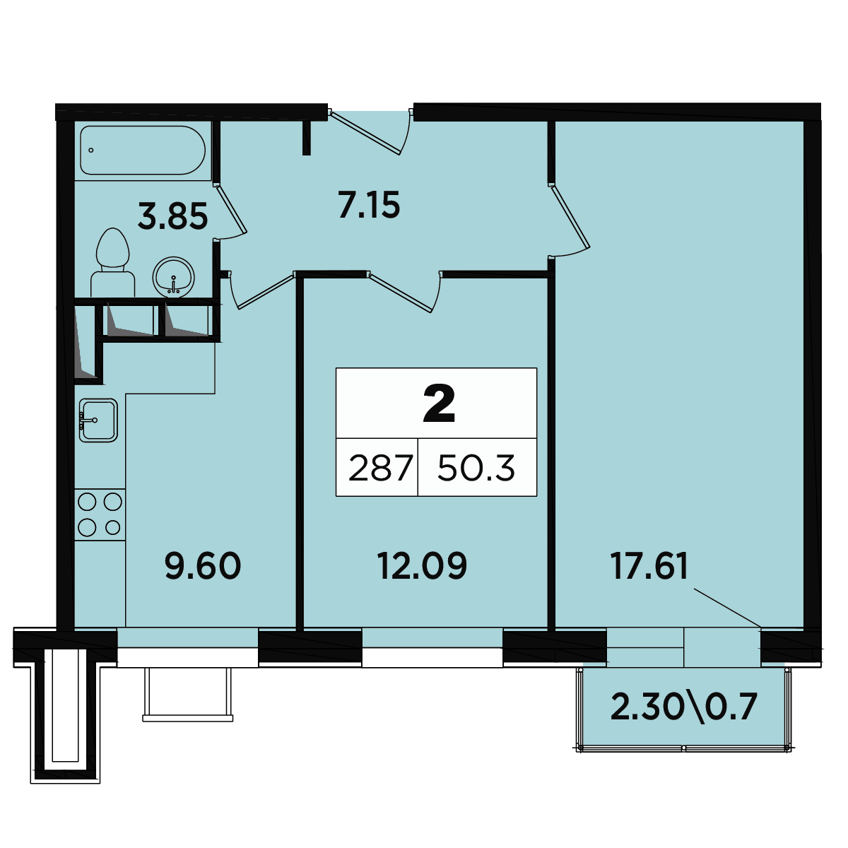 2 комн. квартира, 48 м², 13 этаж 