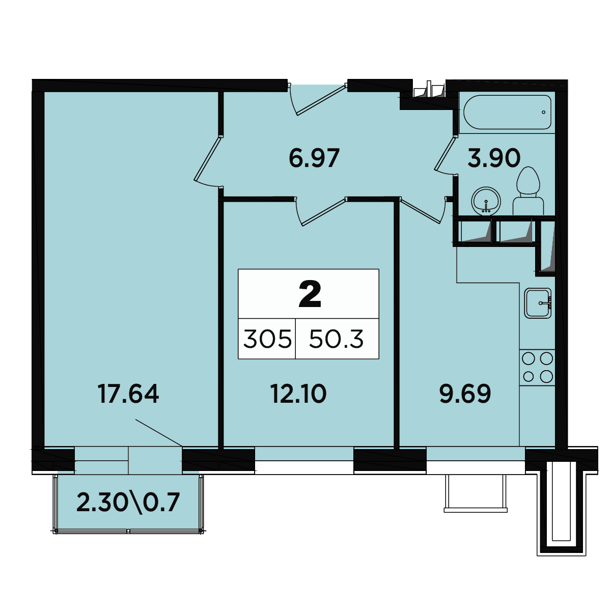 2 комн. квартира, 48.2 м², 14 этаж 