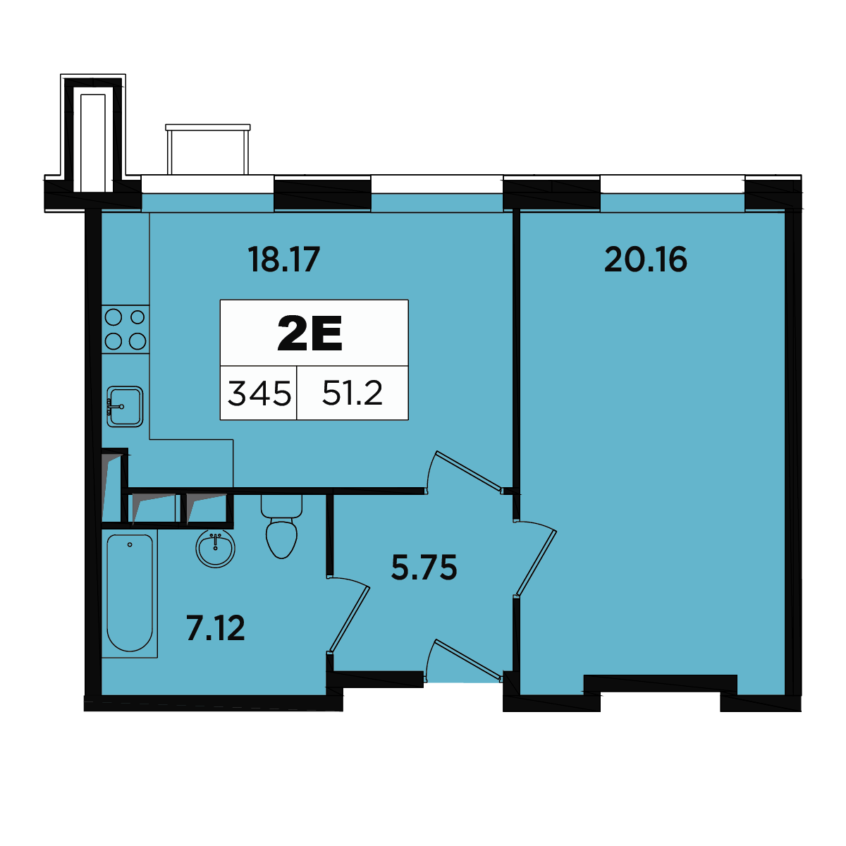 2 комн. квартира, 48.4 м², 15 этаж 