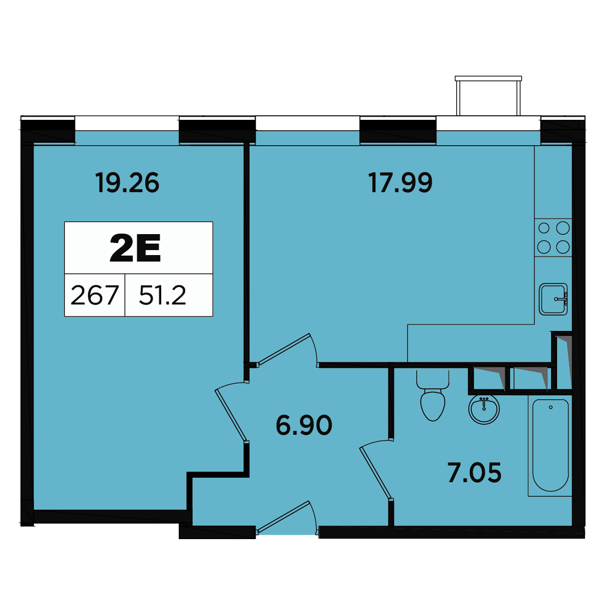 2 комн. квартира, 49 м², 12 этаж 