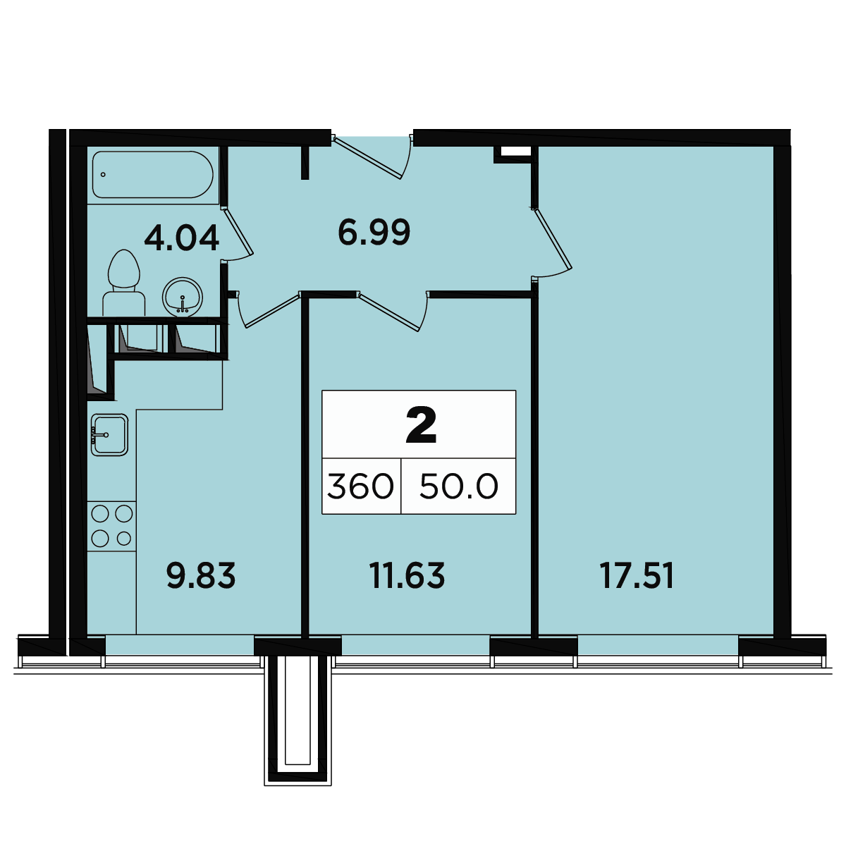 2 комн. квартира, 48.5 м², 16 этаж 