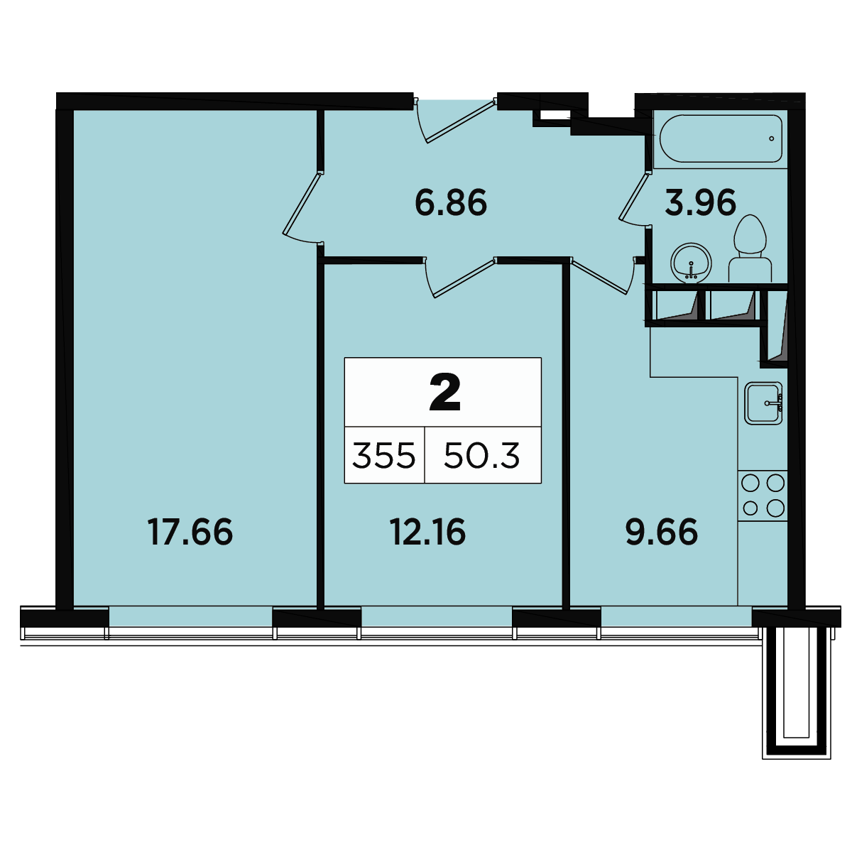 2 комн. квартира, 48.8 м², 16 этаж 