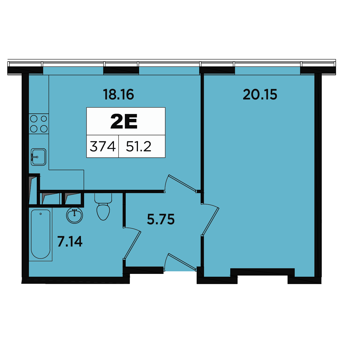 2 комн. квартира, 49.2 м², 16 этаж 