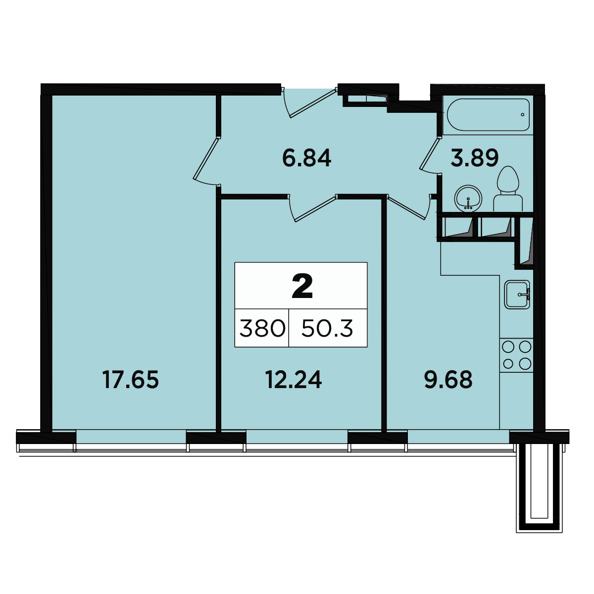 2 комн. квартира, 50.1 м², 17 этаж 