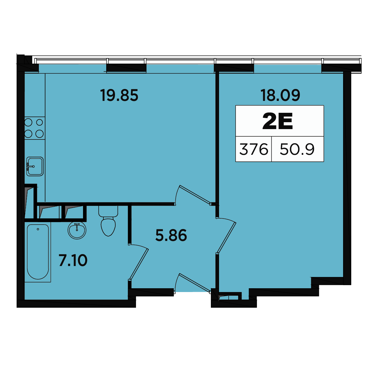 2 комн. квартира, 49.6 м², 17 этаж 