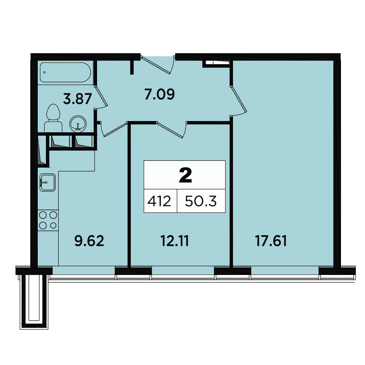 2 комн. квартира, 50.2 м², 18 этаж 