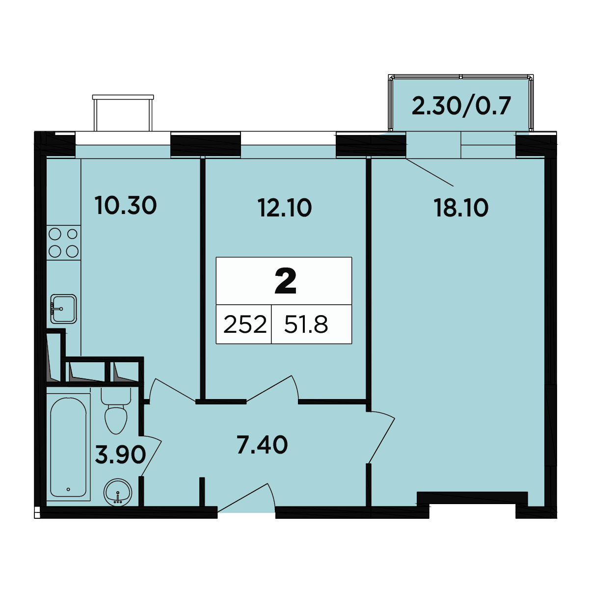 2 комн. квартира, 49.3 м², 11 этаж 