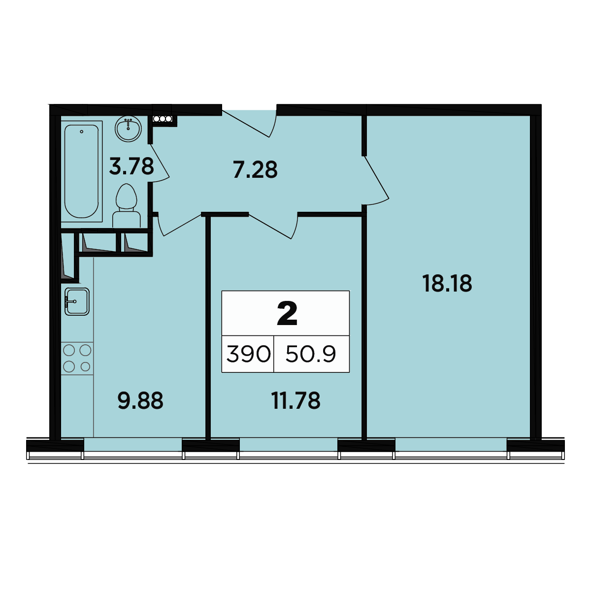 2 комн. квартира, 51.1 м², 16 этаж 