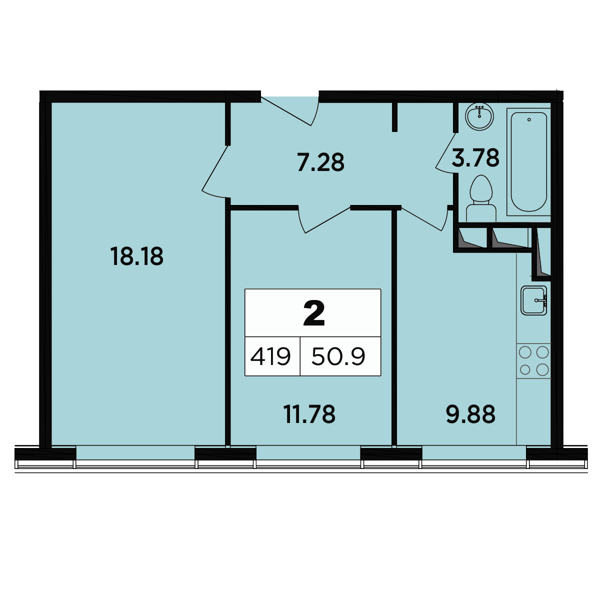 2 комн. квартира, 51.4 м², 17 этаж 
