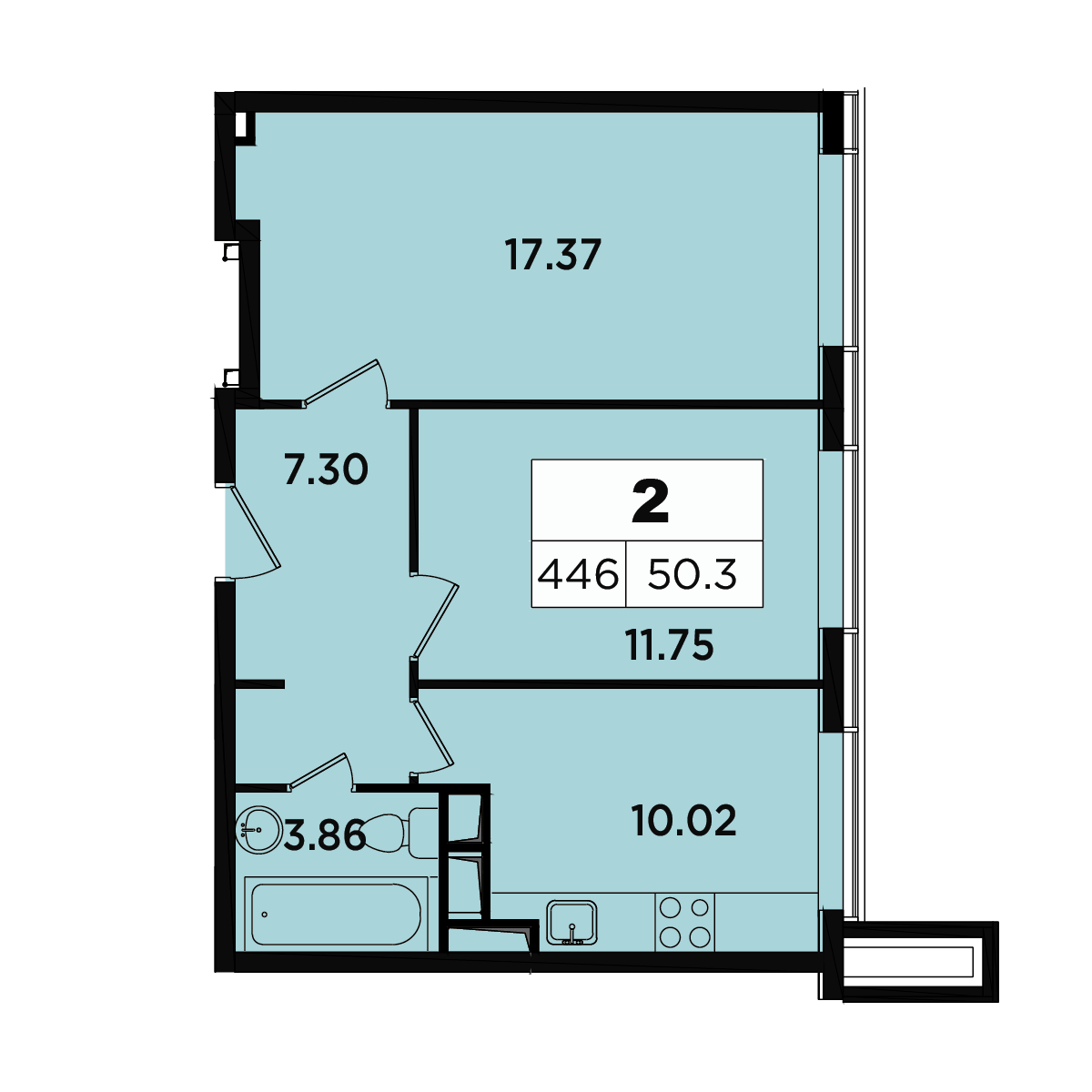 2 комн. квартира, 48.3 м², 16 этаж 