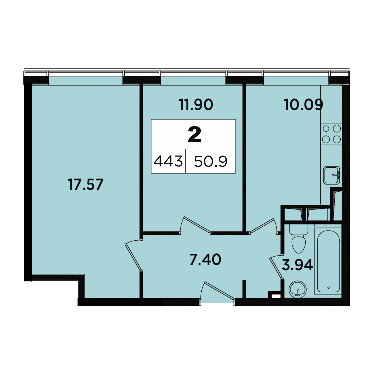 2 комн. квартира, 48.4 м², 16 этаж 