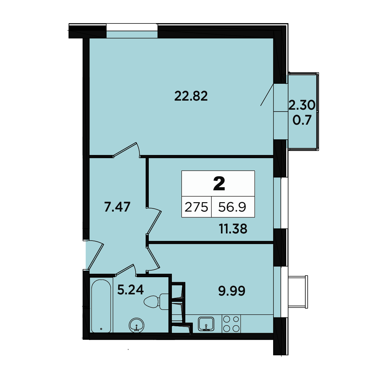 2 комн. квартира, 53.4 м², 3 этаж 
