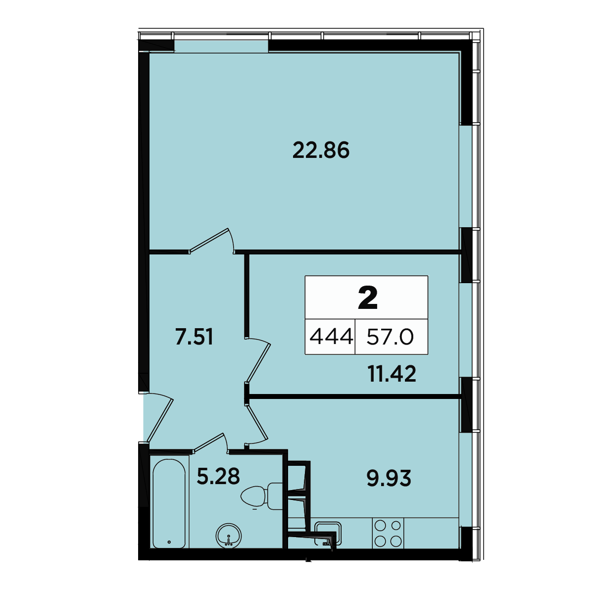 2 комн. квартира, 54.8 м², 16 этаж 
