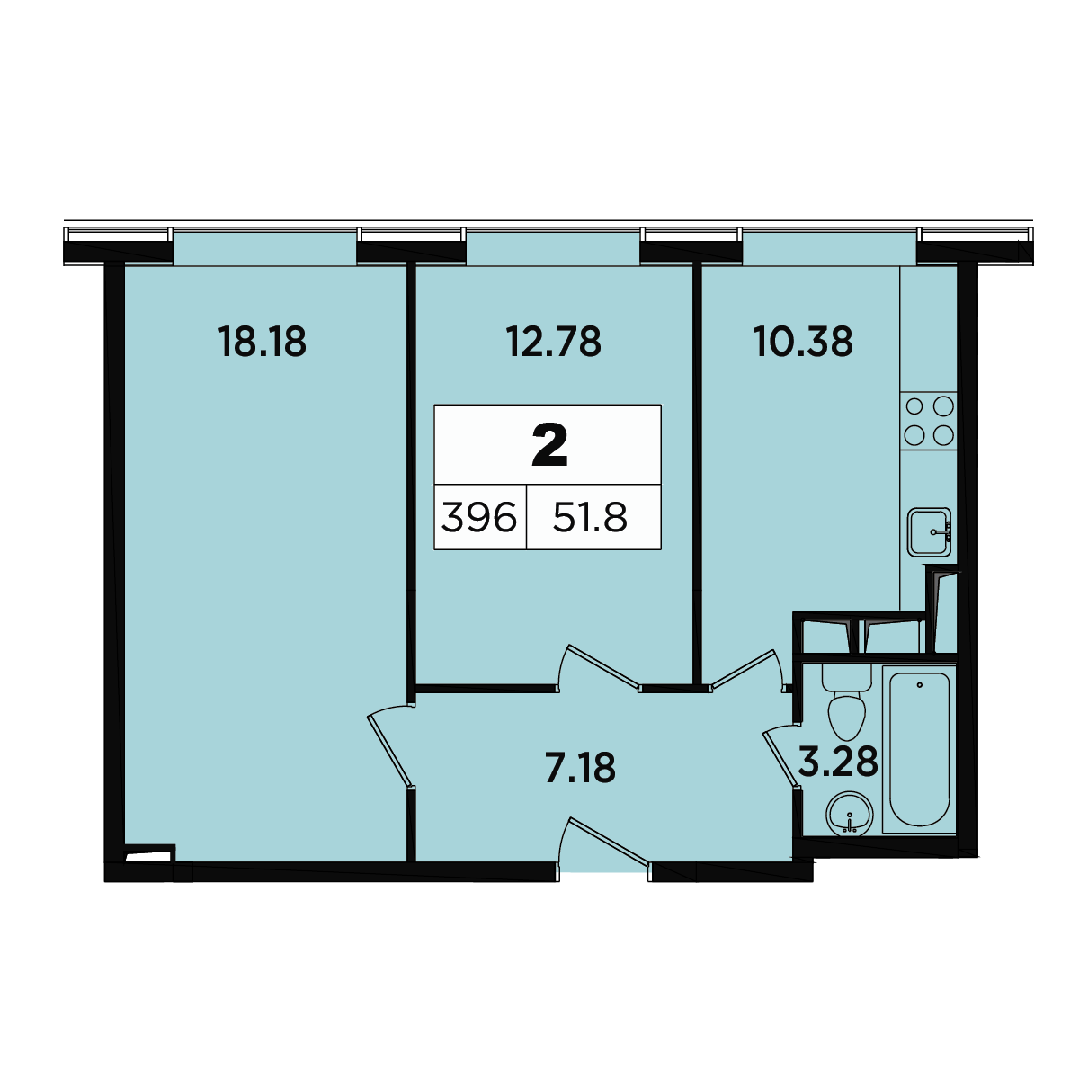 2 комн. квартира, 50.3 м², 18 этаж 